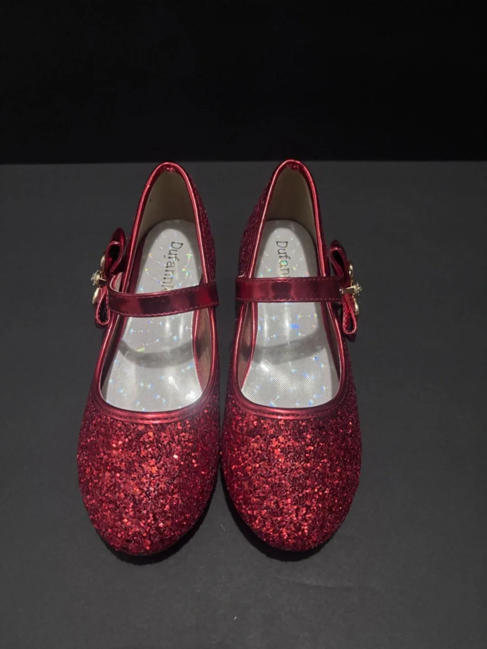 NWOT Girls Size 1 Red Glitter Mary Jane Heels with Bow Accent - Picture 2 of 6